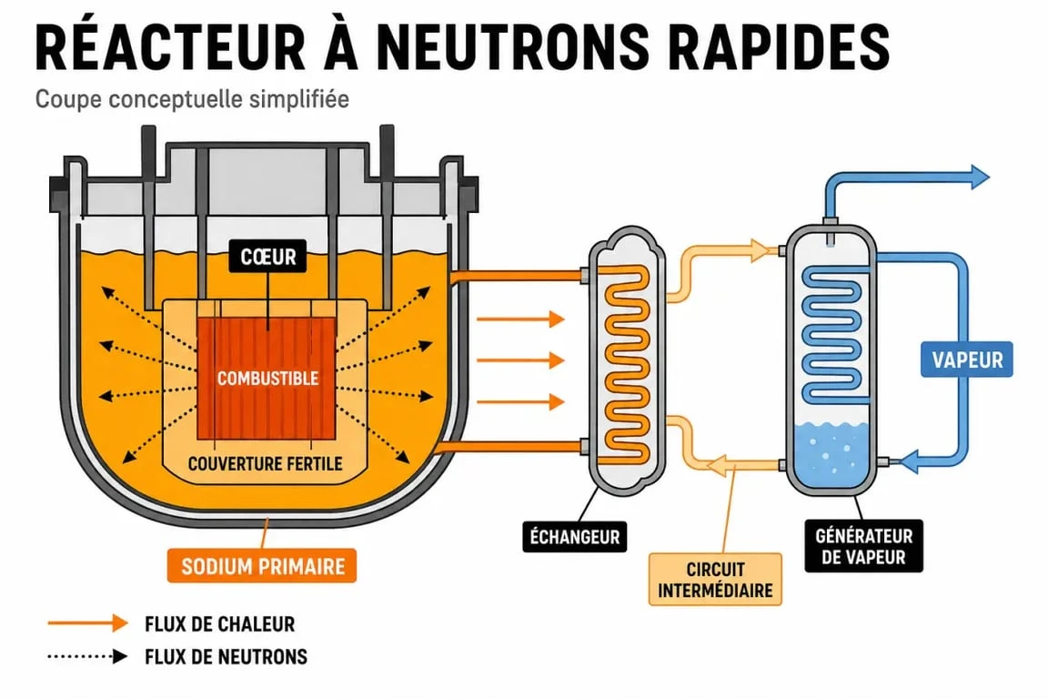 Schéma du réacteur à neutrons rapides montrant le cœur, la couverture fertile et les circuits de refroidissement