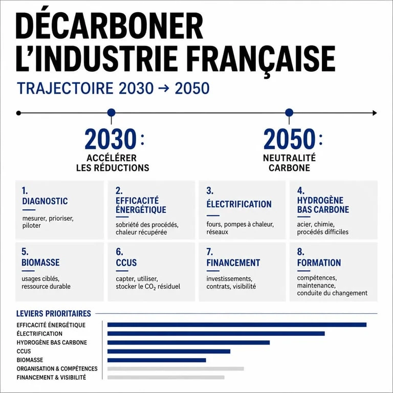 Décarbonation industrie : frise des leviers techniques, des objectifs 2030-2050 et des aides publiques