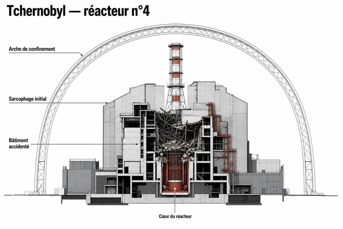 Schéma du réacteur tchernobyl n°4 sous le sarcophage et l’arche de confinement