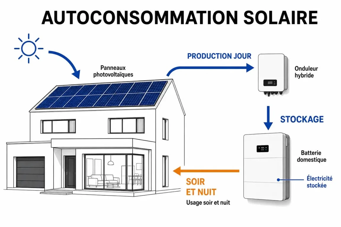 Stockage énergie solaire : schéma éditorial d'une maison avec panneaux, batterie et flux d'électricité