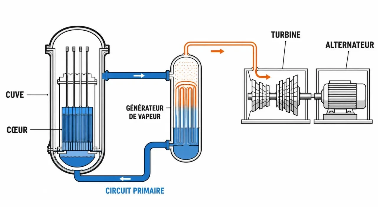 Réacteur nucléaire schéma simplifié du cœur, de la cuve et des circuits