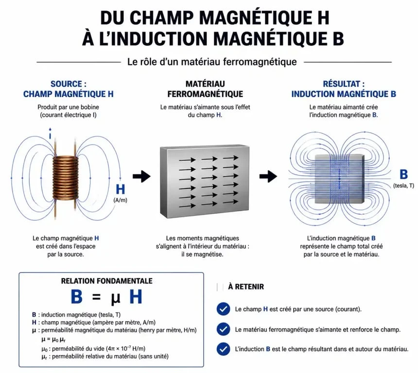 Schéma explicatif de la distinction entre champ magnétique H et induction magnétique B