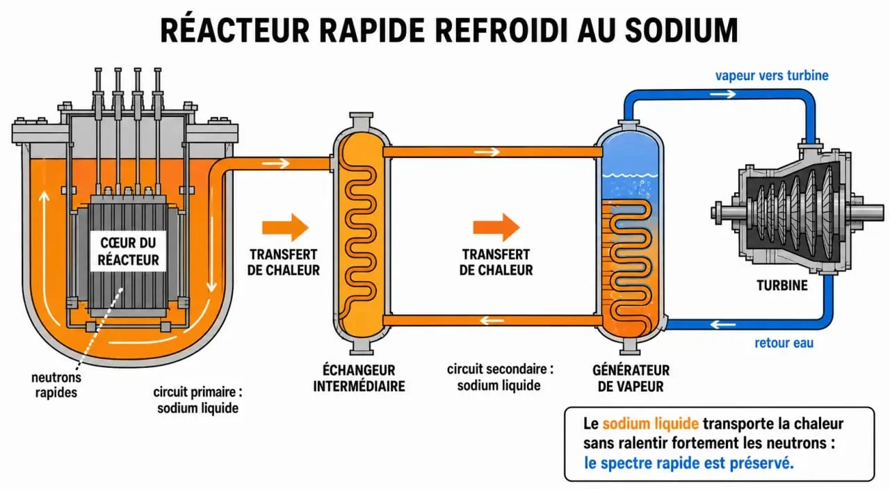 Schéma du réacteur rapide refroidi au sodium montrant le circuit primaire, le circuit secondaire et le rôle du sodium liquide