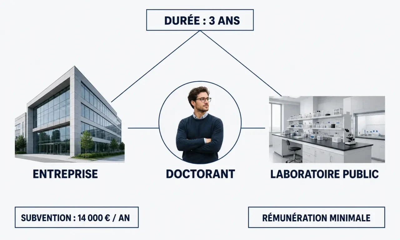 Schéma éditorial du doctorat cifre reliant doctorant, entreprise et laboratoire public