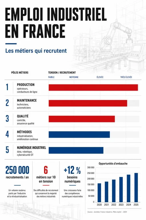 L industrie recrute : infographie sur les métiers qui recrutent dans l'industrie et les chiffres clés de l'emploi industriel