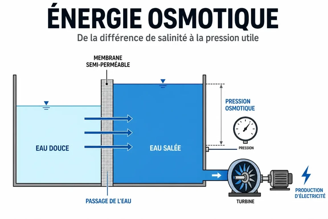 Schéma de l’énergie osmotique montrant l’eau douce, l’eau salée, la membrane et la turbine