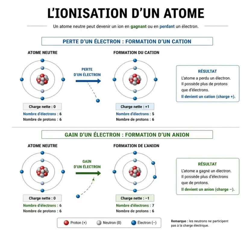 Schéma explicatif du processus d'ionisation d'un atome : formation d'ions positifs et négatifs