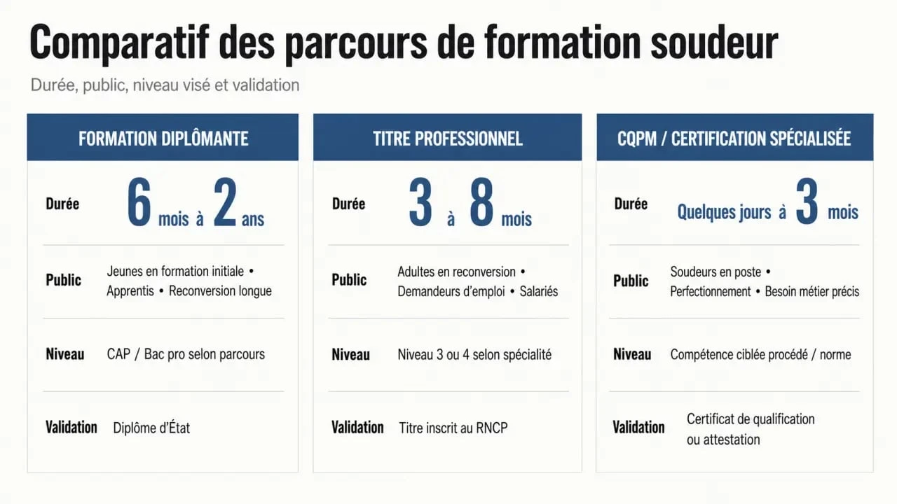 Formation soudeur : comparaison visuelle des parcours diplômant, titre professionnel et CQPM avec durée, public et validation