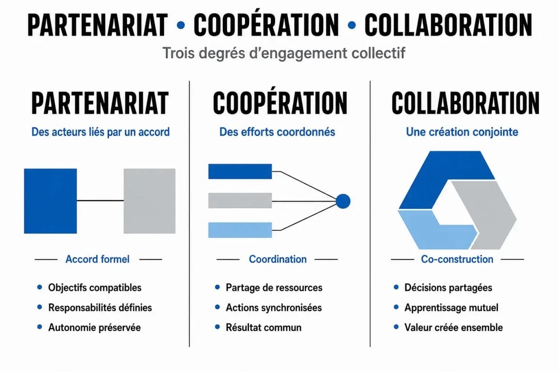 Partenariat : comparaison visuelle entre partenariat, coopération et collaboration