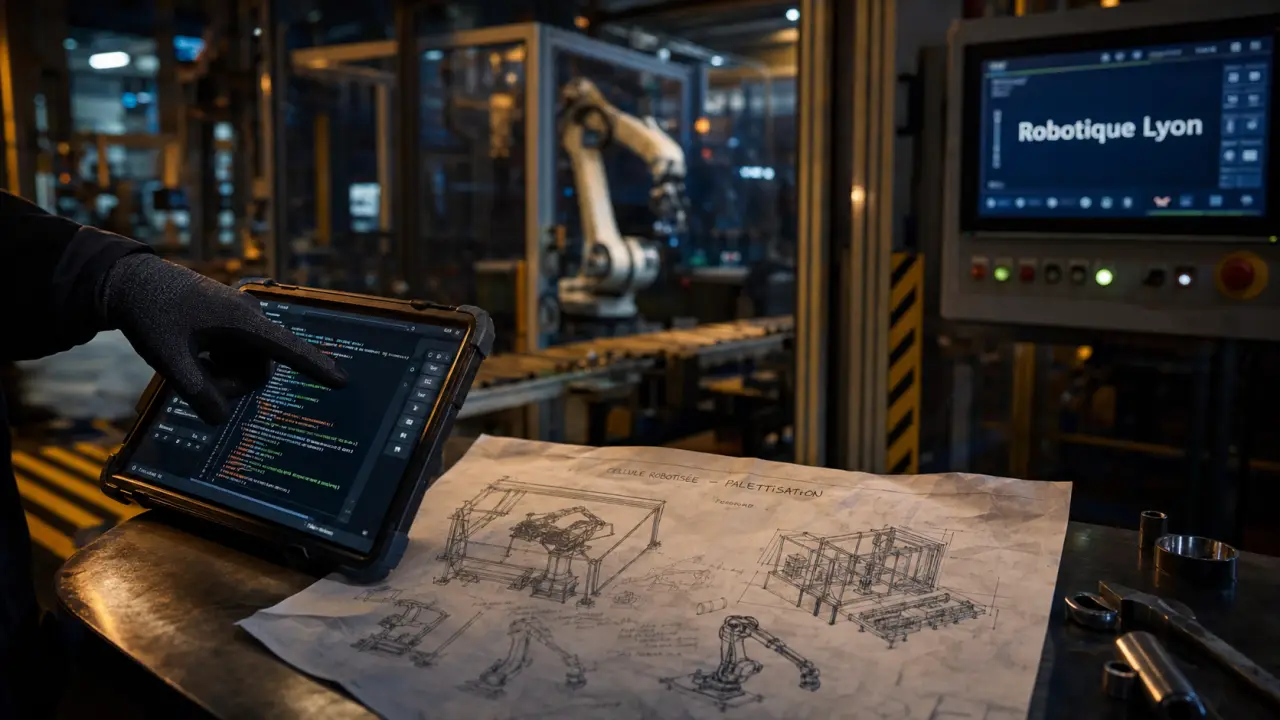 Entreprise robotique Lyon en atelier : intégrateur robotique et programmation sur tablette