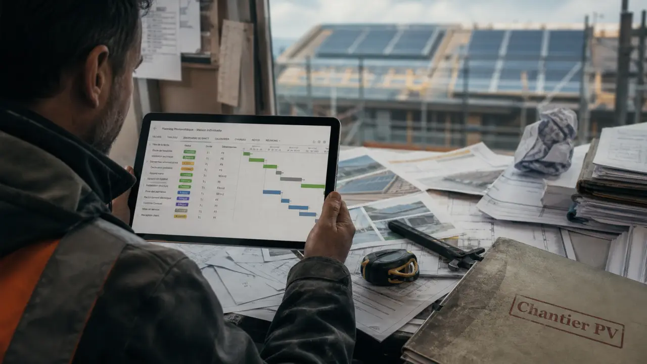 Logiciel gestion chantier photovoltaïque : conducteur lit un planning pour éviter les retards