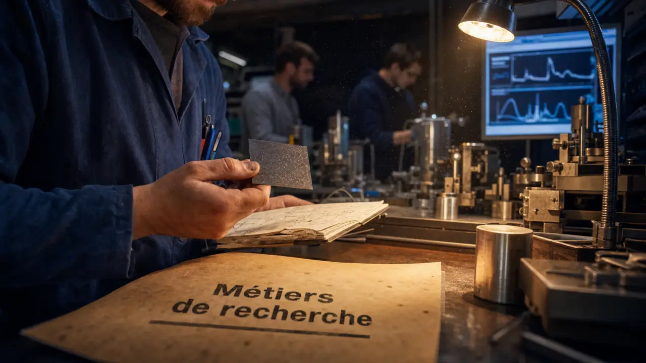 Metier de recherche : laboratoire public, technicien et chercheurs sur banc de mesure