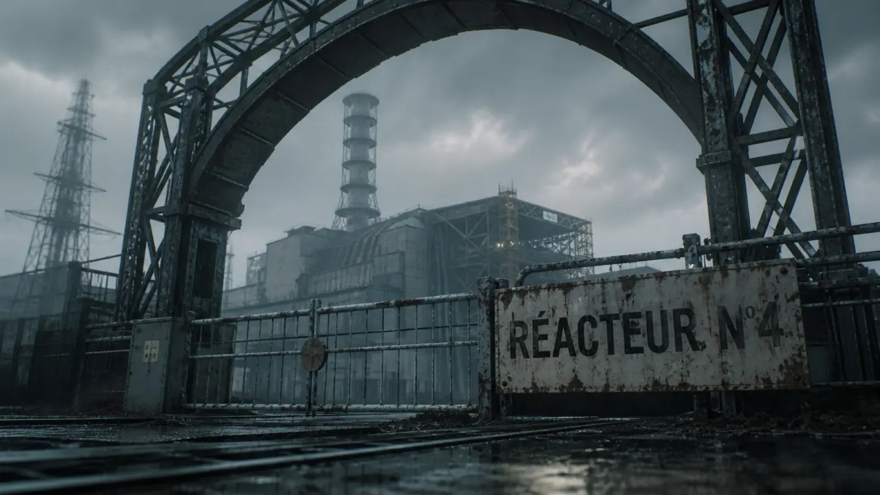 Réacteur Tchernobyl : arche et sarcophage du réacteur n°4 en confinement