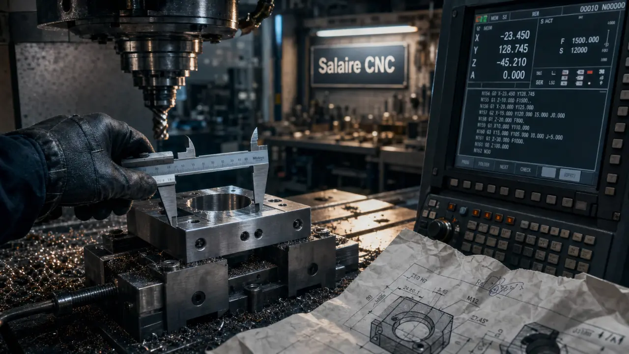 Salaire tourneur fraiseur en atelier CNC : pièce usinée et cotes sur pupitre