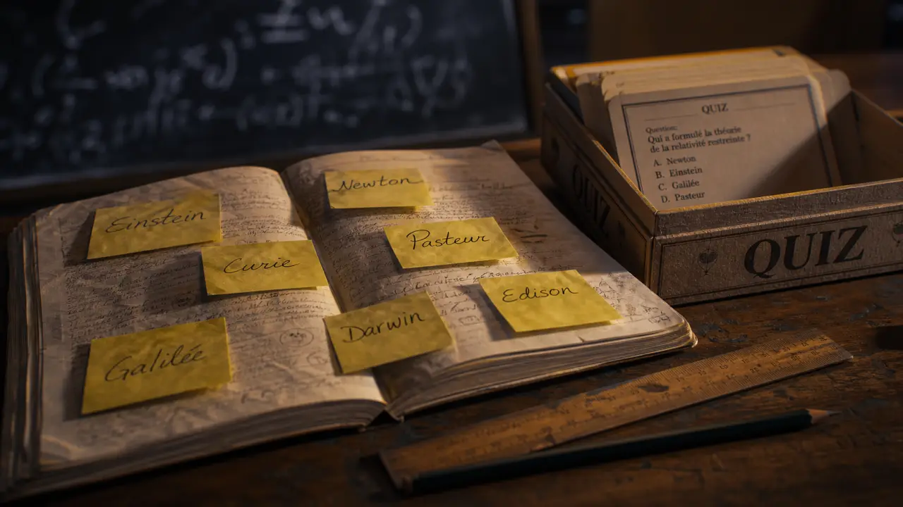 Scientifique célèbre top 7 : quiz Einstein Newton Curie sur carnet