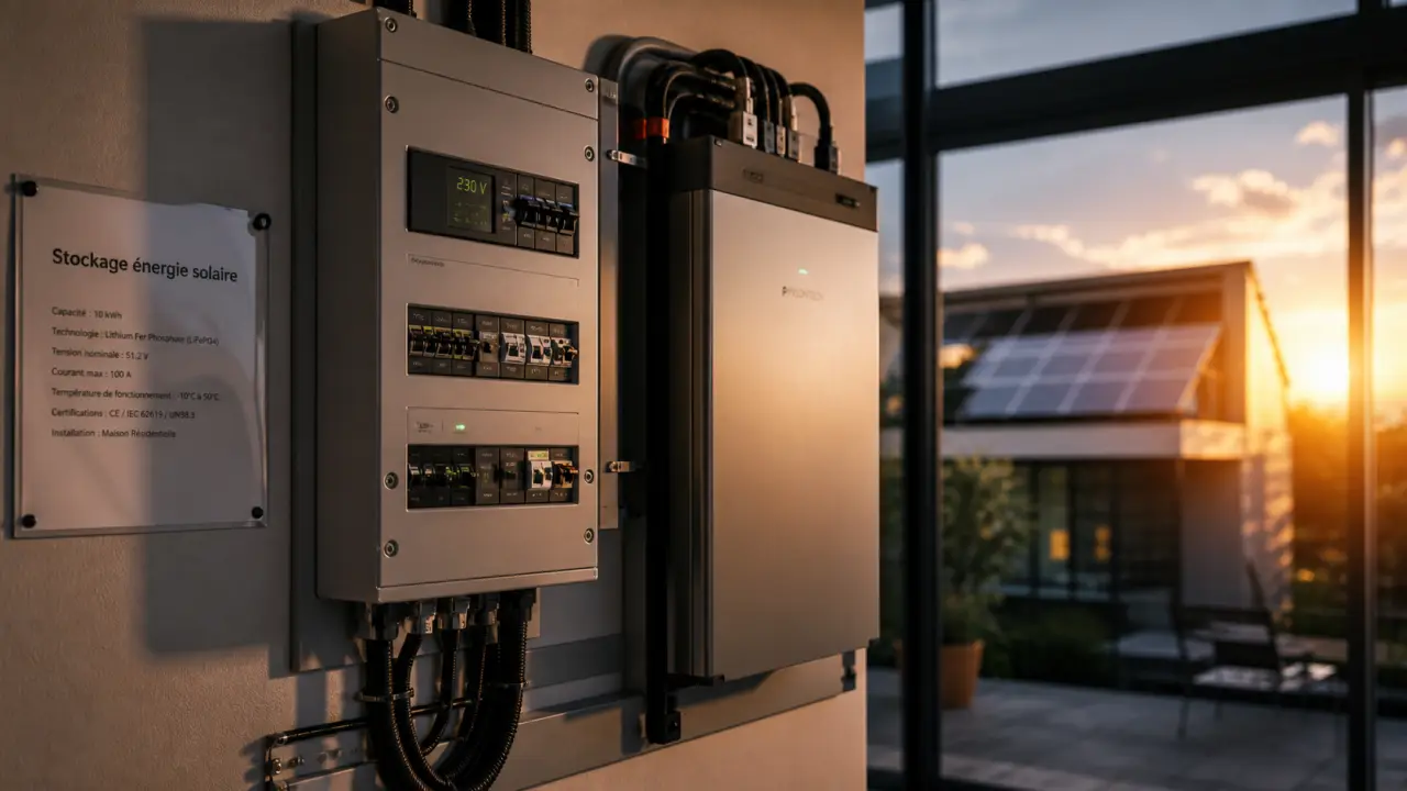 Batterie stockage énergie solaire résidentiel, tableau électrique et panneaux solaires