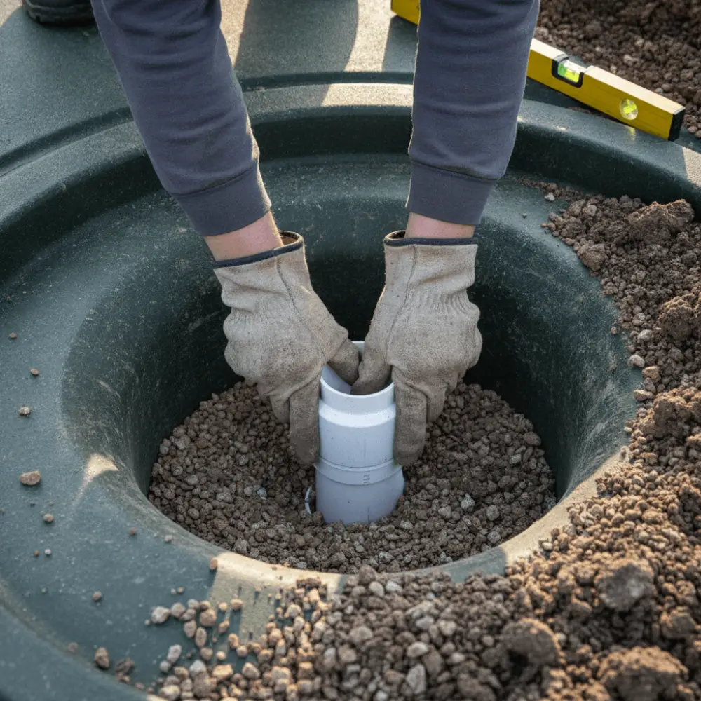 Raccordement d'un tuyau PVC sur une cuve d'assainissement non collectif enterrée lors de travaux de mise en conformité