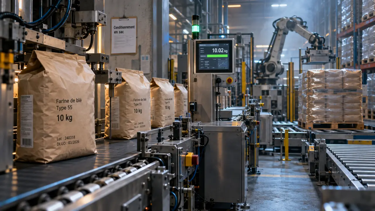 cetec industrie : ligne d’ensachage, étiquetage, contrôle poids et palettisation