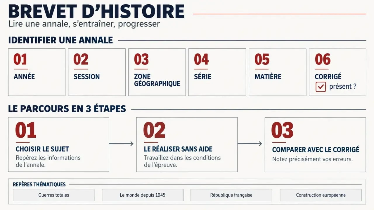 Infographie sur les sujets du brevet d’histoire : année, session, zone, série et corrigé