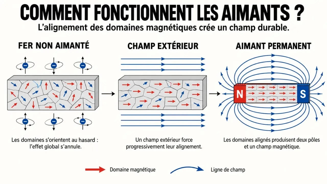 Schéma expliquant comment fonctionnent les aimants avec domaines magnétiques, pôles nord et sud et lignes de champ