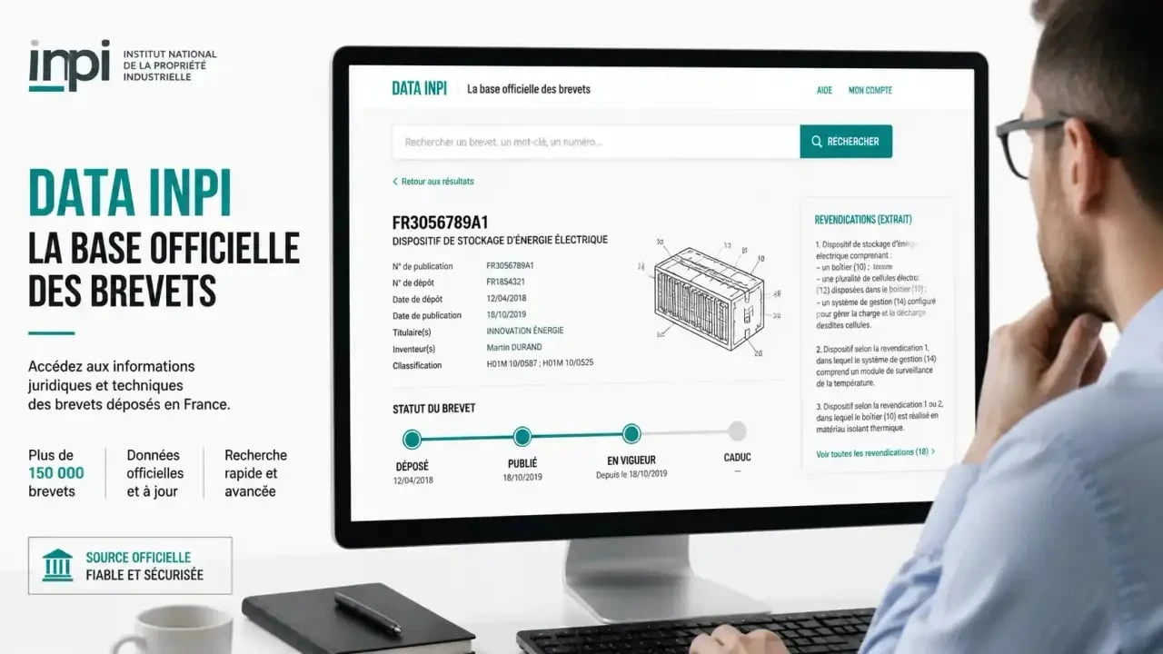 Consultation de la base inpi brevets sur écran avec fiche de brevet et statut