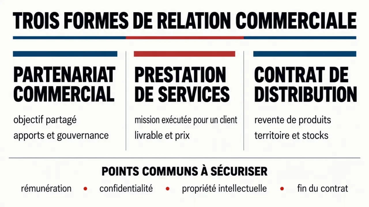 Contrat de partenariat commercial comparé à une prestation de services et à un contrat de distribution