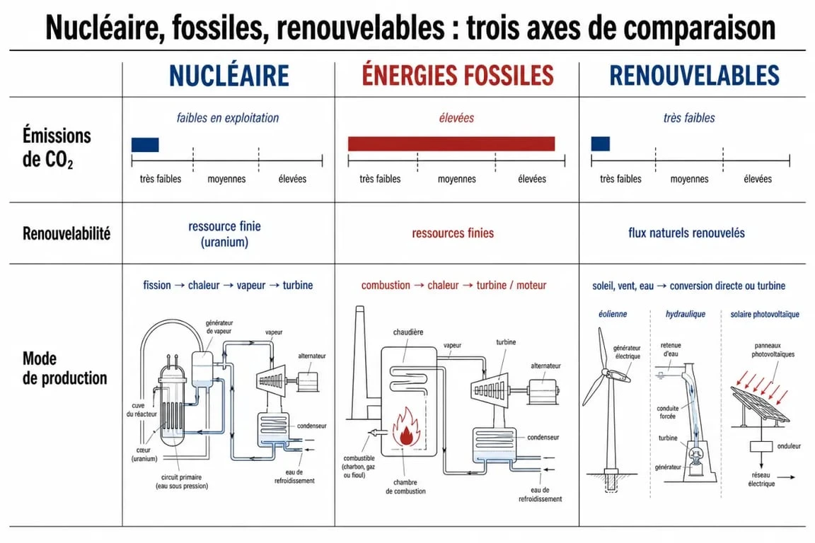 Comparaison entre énergie nucléaire, fossile et renouvelable selon leurs impacts et caractéristiques