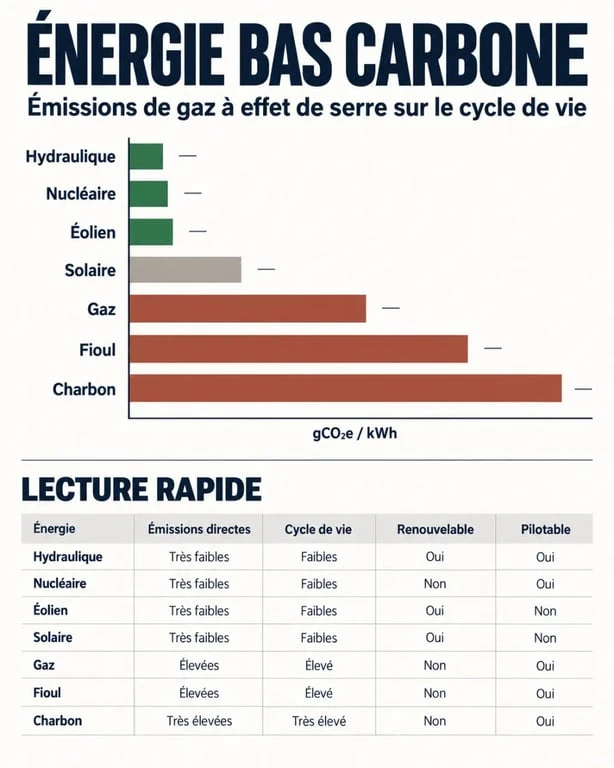 Infographie comparative des émissions des sources d’énergie bas carbone en gCO2e par kWh