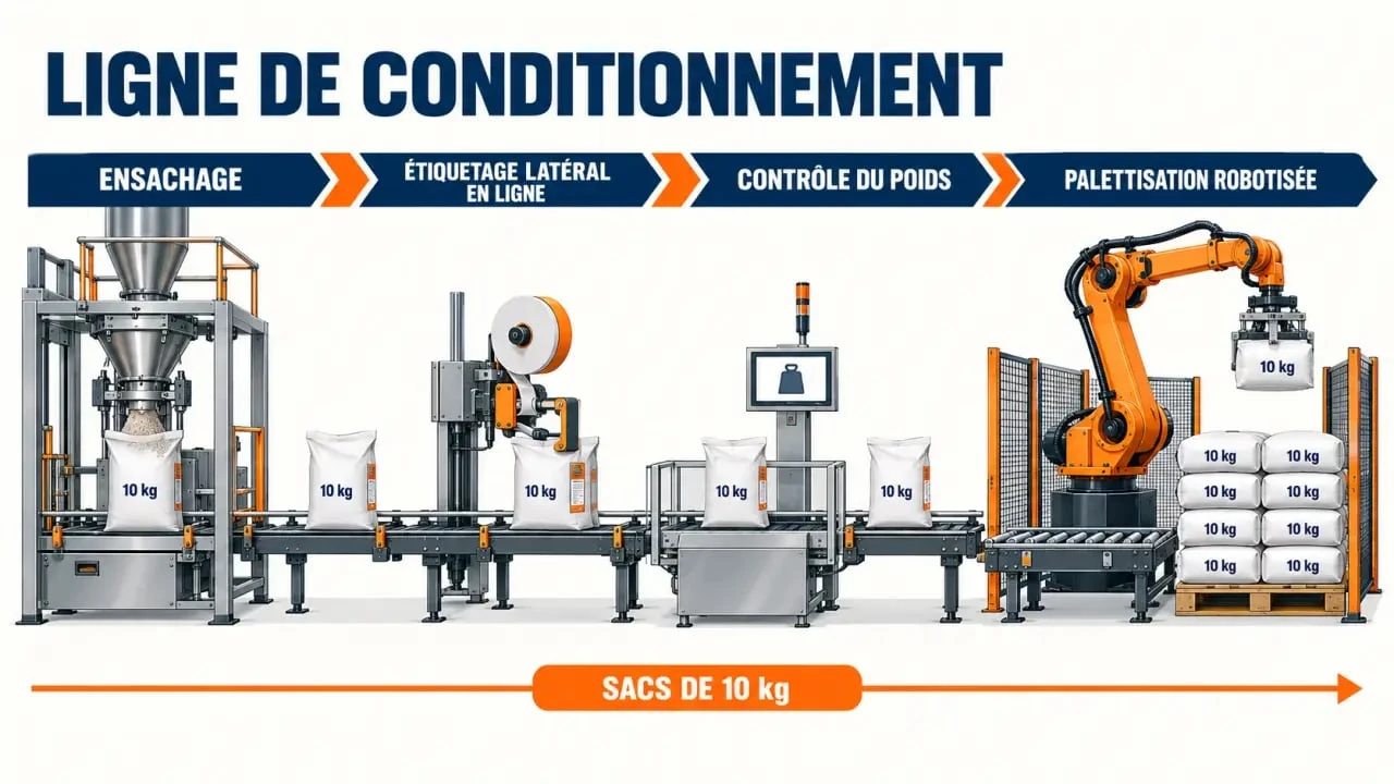 Schéma du flux de conditionnement industriel de CETEC Industrie, de l'ensachage à la palettisation robotisée