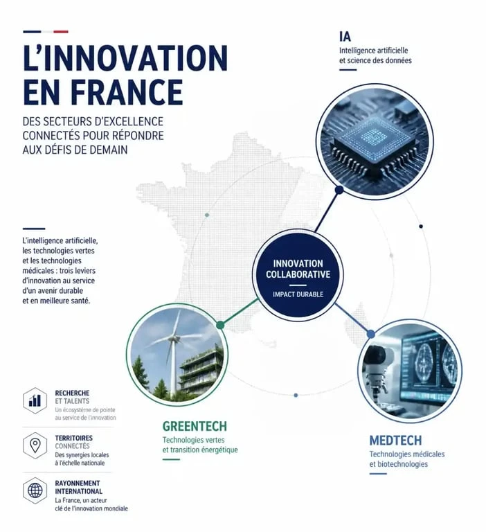 Illustration des secteurs clés de l'innovation française : IA, GreenTech et MedTech