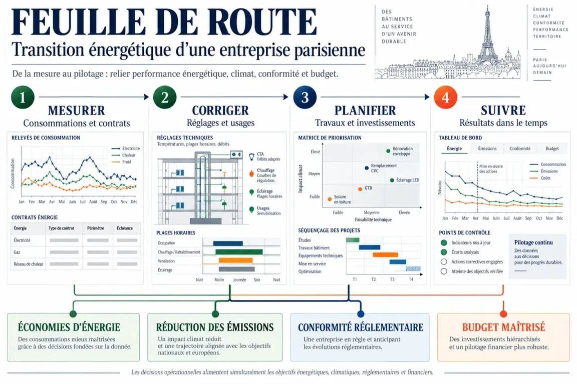 Consultant en gestion de la transition énergétique pour entreprises à Paris : feuille de route de réduction des consommations et des émissions