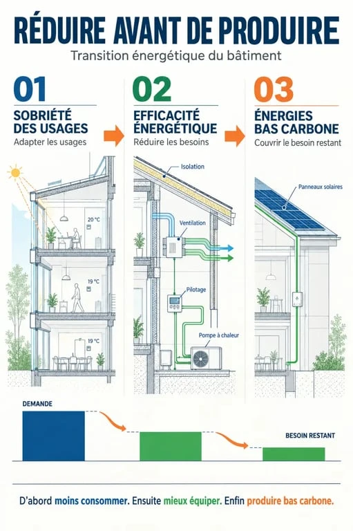 Infographie sur la transition énergétique bâtiment : sobriété, efficacité énergétique et énergies bas carbone