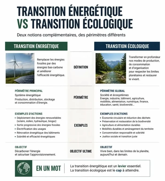 Infographie comparative entre transition écologique et énergétique