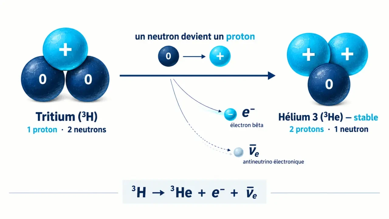 Schéma de la désintégration bêta du tritium en hélium 3