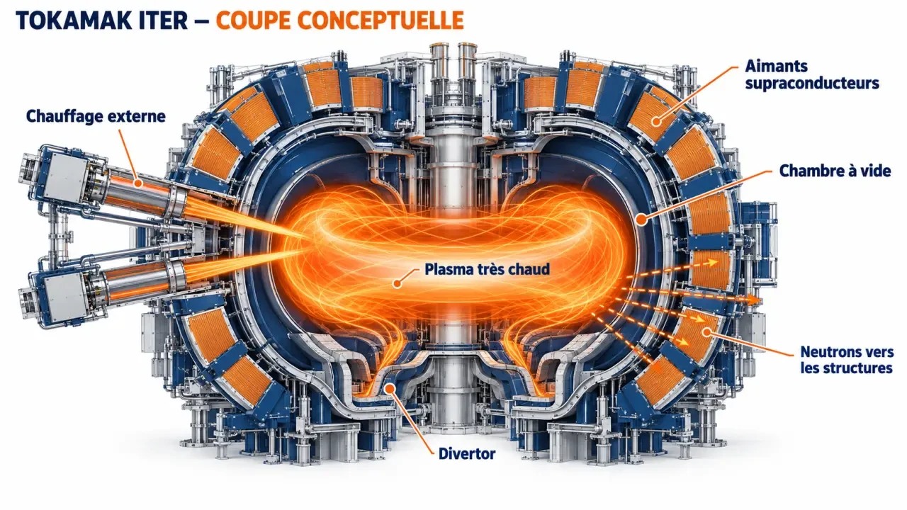 Schéma du tokamak ITER et du confinement magnétique dans la fusion nucléaire