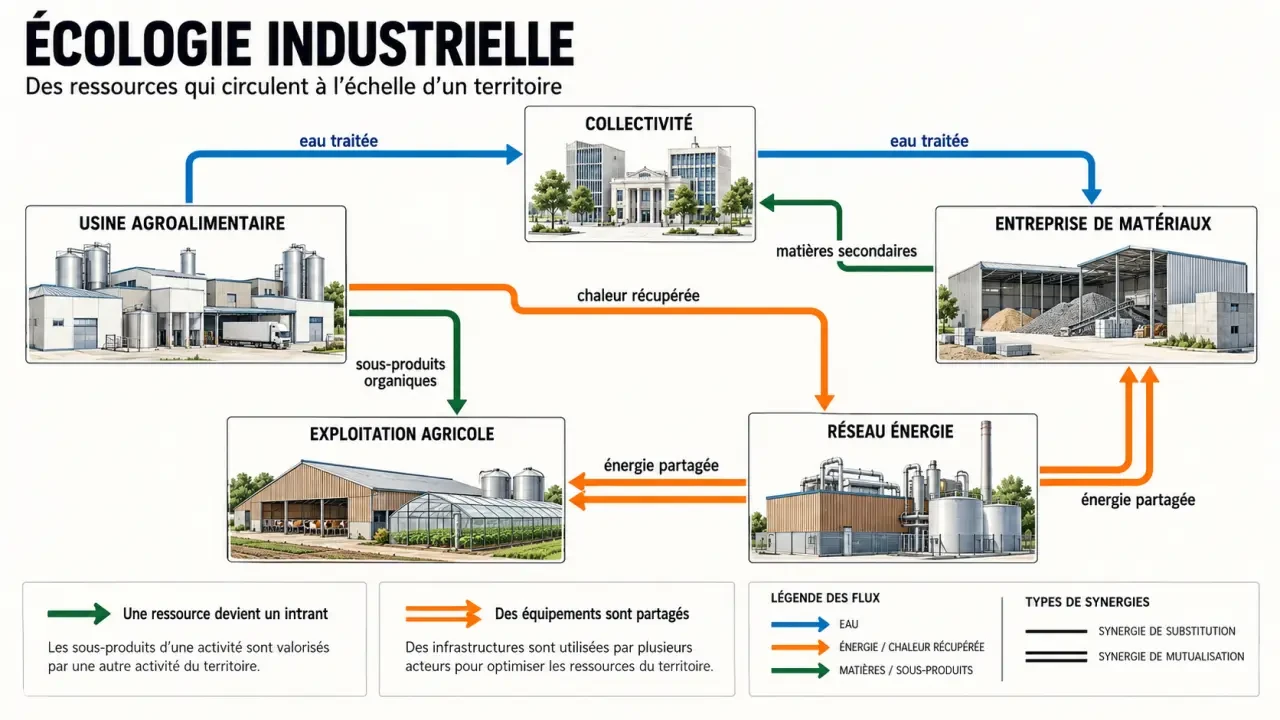 Infographie sur l’écologie industrielle et les flux de matières, d’eau et d’énergie entre entreprises