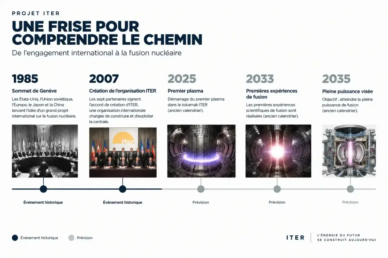 Chronologie du projet ITER de fusion nucléaire de 1985 à la pleine puissance visée en 2035