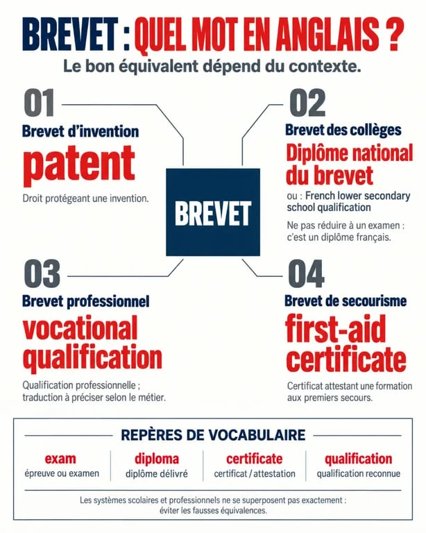 Infographie pour comprendre les traductions de brevets en anglais selon le contexte
