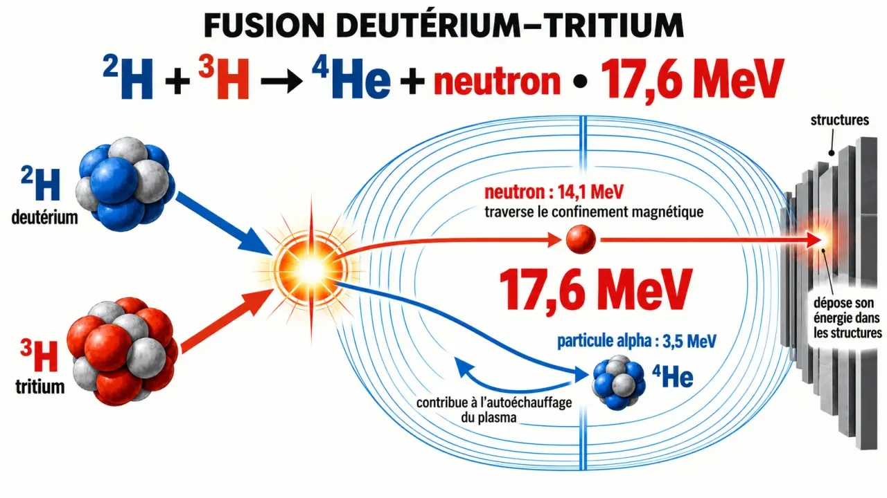 Schéma de la réaction deuterium tritium montrant l’hélium 4, le neutron et la répartition de 17,6 MeV
