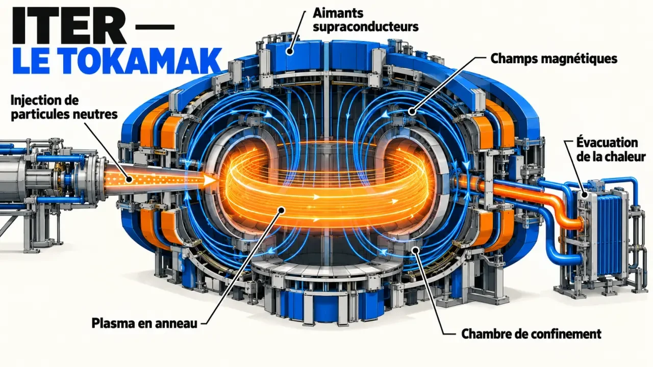 Schéma du tokamak d'ITER France et du confinement magnétique du plasma