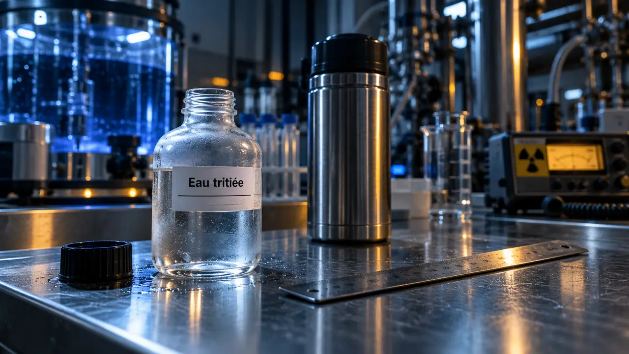 Flacon d’eau tritiée au laboratoire avec tritium